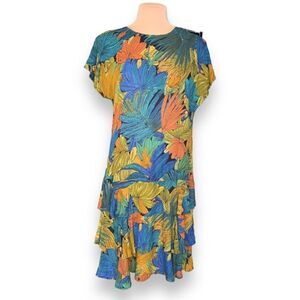 Vintage SKU Dress Scoopneck Multicolor Palm Detail Drop Waist Tiered Ruffle Midi